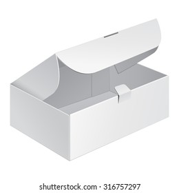 Opened White Cardboard Package Box. Gift Candy. On White Background Isolated. Mock Up Template Ready For Your Design. Product Packing Vector EPS10