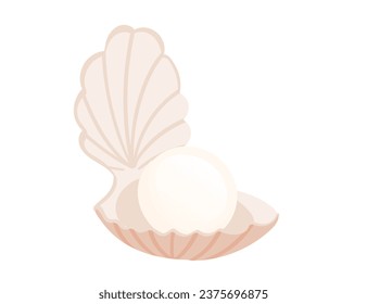 Opened white clam with pearl inside seashell vector illustration isolated on white background