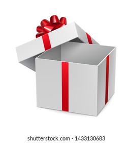 Opened white cube shaped gift box with shiny red ribbon. Valentine day elegant and romantic surprise with tape decoration. Side view of realistic empty container isolated on white vector illustration