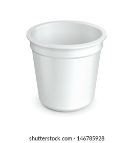 Opened White Cup Tub Food Plastic Container For Dessert, Yogurt, Ice Cream, Sour Sream Or Snack. Ready For Your Design. Product Packing Vector EPS10 