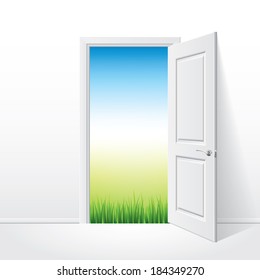 Opened white door and nature behind photo-realistic vector illustration