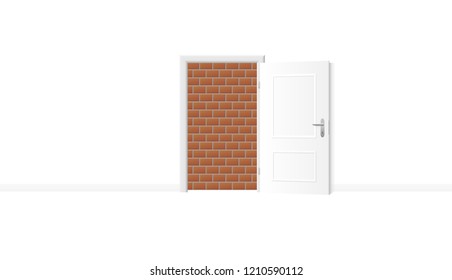 Opened White Door, But Obstructed By An Impenetrable Brick Wall. Symbol For Being Trapped, Jailed And Banished, And For Blockade, Barricade, Barrier, Captivity Or Obstruction. Vector Illustration.