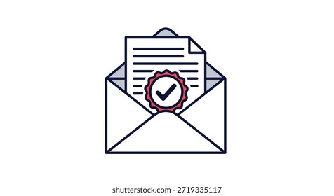 Offener weißer Umschlag mit einem Dokument mit einem roten Wachssiegel und einem schwarzen Markierungssymbol für die Genehmigung.