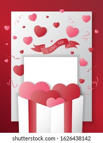 Opened white gift box with red hearts and banner on red background , Illustrations happy valentines day background , free space for your text [ greeting card   poster  post card  brochure ] (Vector)