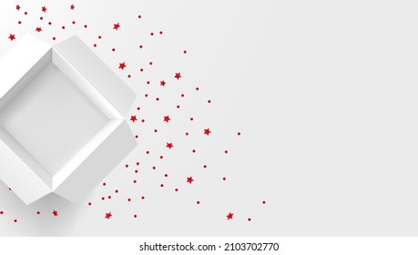 Opened white gift box with red confetti on white table. 3d banner with copy space
