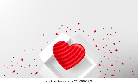 Opened white gift box with red heart on white table. 3d illustration with copy space
