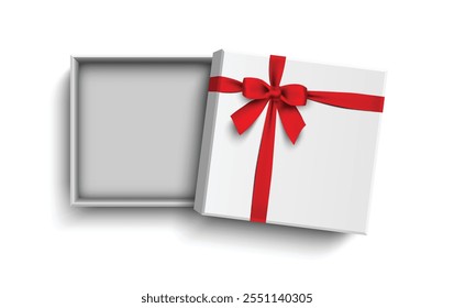 Opened white gift box with red bow isolated on white background, vector illustration