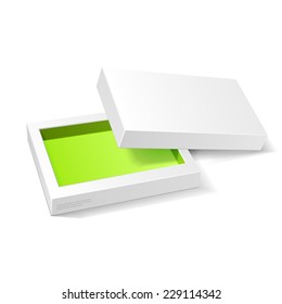 Opened White Green Cardboard Package Box. Gift Candy. On White Background Isolated. Ready For Your Design. Product Packing Vector EPS10 
