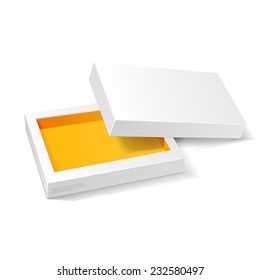 Opened White Orange Yellow Cardboard Package  Mock Up Box. Gift Candy. On White Background Isolated. Ready For Your Design. Product Packing Vector EPS10 