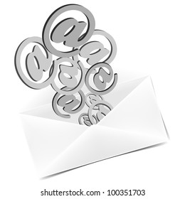 Opened white paper envelope with at signs flying out. Vector illustration.