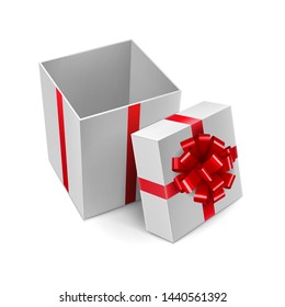 Opened white square gift box with shiny red ribbon. Festive present box for retail branding with silk tape decoration. Side view of realistic empty container isolated on white vector illustration.