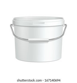 Opened White Tub Paint Plastic Bucket Container With Metal Handle. Plaster, Putty, Toner. Ready For Your Design. Product Packing Vector EPS10