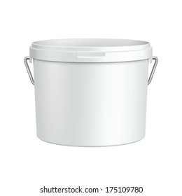 Opened White Tub Paint Plastic Bucket Container With Metal Handle. Plaster, Putty, Toner. Ready For Your Design. Product Packing Vector EPS10 