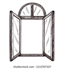 Opened window arch sketch isolated. Retro element inside wall in hand drawn style. Engraved design for poster, print, book illustration, logo, icon, tattoo. Vintage vector illustration.