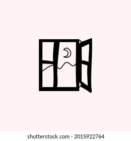 Opened Window At Night Doodle Black Line Illustration Vector