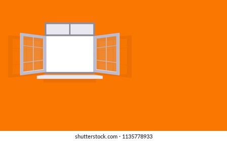 Opened window on orange wall. Vector illustration.
