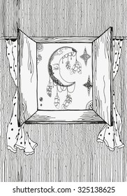 Opened window with pattern beautiful  moon, feathers and stars, white flowing curtains.  Pattern for coloring book. A4 size. Made by trace from sketch. Ink pen. Black and white pattern 