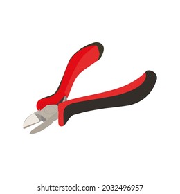 Opened wire cutters. Isometric metal wire cutters with rubber handles  black and red color isolated on white background. Hand tools for repair, construction and maintenance. Realistic vector