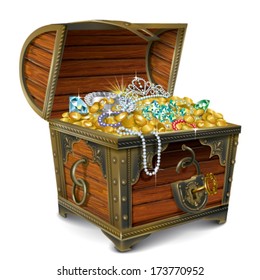 Opened wooden chest with treasures