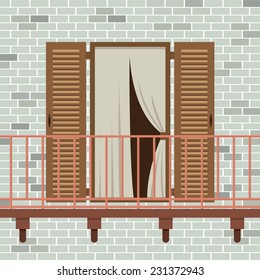 Opened Wooden Door With Balcony Vector Illustration