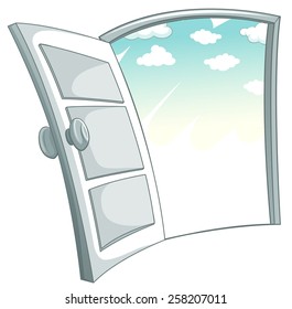 Opened wooden door going to the sky on a white background