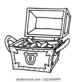 opened wooden treasure chest with golden coins, pirate trove, symbol of fortune and wealth, vector illustration with black contour lines isolated on a white background in a Doodle and hand drawn style