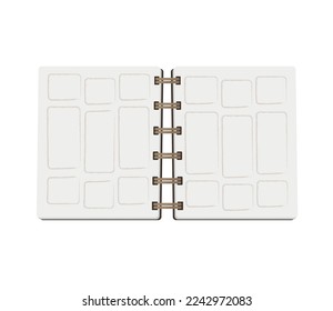 Opened workbook or notebook for work. Student, diploma, work at home, bullet journal, making summary, synopsis. Blogger, journalist, writer working at home. Vector illustration