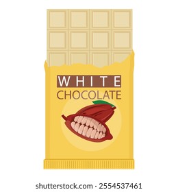 Opened wrapped chocolate bar isolated on white background. White chocolate. Chocolate packaging design. Vector