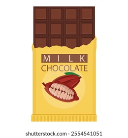 Opened wrapped chocolate bar isolated on white background. Milk chocolate. Chocolate packaging design. Vector