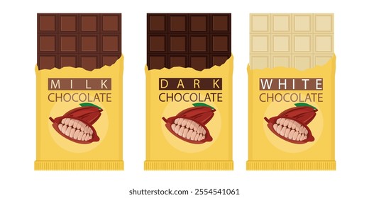 Opened wrapped chocolate bar isolated on white background. Dark, milk and white chocolate. Chocolate packaging design. Vector