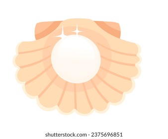 Opened yellow clam with shiny pearl inside seashell vector illustration isolated on white background