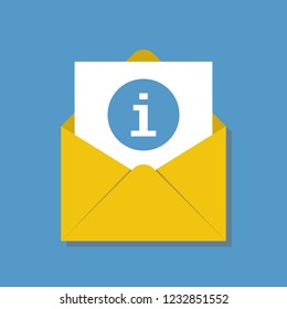 opened yellow envelope with information sign round blue icon