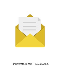 Opened yellow envelope and sheet of paper. Metaphor of inbox email, message coming icon vector illustration isolated on white background 