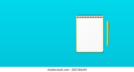 Cuaderno amarillo abierto y bolígrafo amarillo, fondo azul turquesa con espacio de copia para la imagen o texto. Ilustración vectorial minimalista de vuelta a la escuela. Vista superior, planta plana.