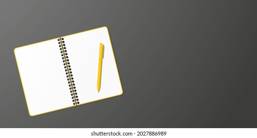 Opened yellow notebook and yellow ball-point pen on the left, black background with copy space for your image or text. Minimalist  vector illustration as back to school. Top view, flat lay.