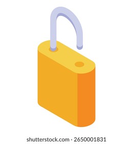 Opened yellow padlock isometric icon represents data protection, privacy, and security