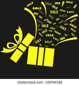 Opened yellow present box with sale word on black background