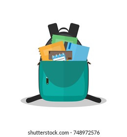 Opened-School backpack with book, Notebooks,pencil case. flat vector design isolated on white background.