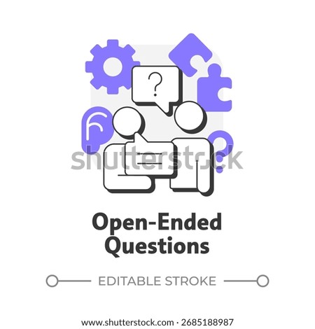 Open-ended questions flat outline concept icon. Conversation, dialogue. Social communication. Puzzle pieces. Modern line illustration with purple glyphs. Conceptual visual. Easy to edit