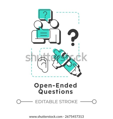 Open-ended questions modern linear concept icon. Conversation, dialogue. Social communication. Puzzle pieces. Flat outline elements connected with dotted lines. Creative visual. Easy to edit