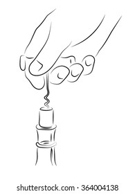 Opener bottles, hand holds corkscrew. Pencil vector drawing on the theme of a corkscrew for wine.
