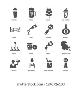 Opener, Brandy, Waiter, Wine tasting, Shaker, Table, Shots, bucket, Waitress, Malt icon 16 set EPS 10 vector format. Icons optimized for both large and small resolutions.