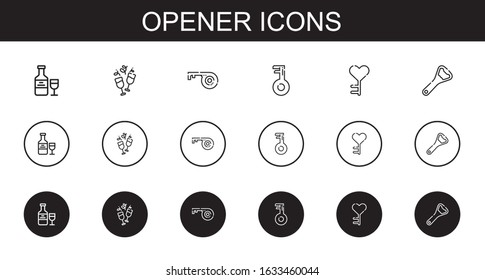 opener icons set. Collection of opener with wine, key, bottle opener. Editable and scalable opener icons.