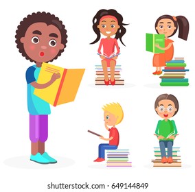 Open-eyed african boy reads yellow book, reading kids sit on pile of literature vector illustration on white background.