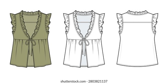 Open-Front Bow Tie Blouse Technical Fashion Illustration. Flutter Sleeve V-Neck Top with Ruffle Trim and Empire Waist Vector Template. Front and Back View. Women’s Apparel. CAD Mockup Set.