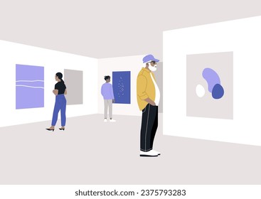 The opening of an art gallery exhibition, where a varied crowd of attendees gathers to explore abstract paintings and contemporary artworks