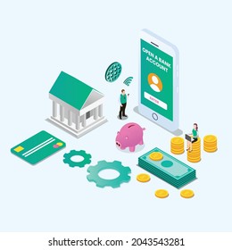 Opening bank account online concept 3d isometric vector illustration concept for banner, website, landing page, ads, flyer