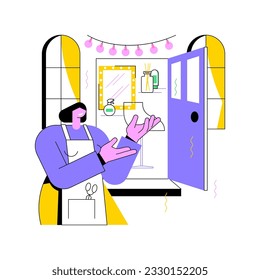 Opening beauty salon isolated cartoon vector illustrations. Happy smiling woman opening her own beauty salon, service sector, big announcement, hairdresser small business vector cartoon.