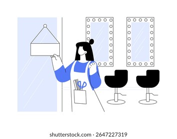 Abrindo salão de beleza ilustrações de vetor de desenhos animados isolados. Mulher sorridente feliz abrindo seu próprio salão de beleza, setor de serviços, grande anúncio, cabeleireiro pequeno negócio vetor cartoon.