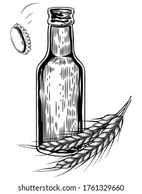 Opening beer bottle with flying off cap and wheat spikes. Hand drawn vector, engraving style